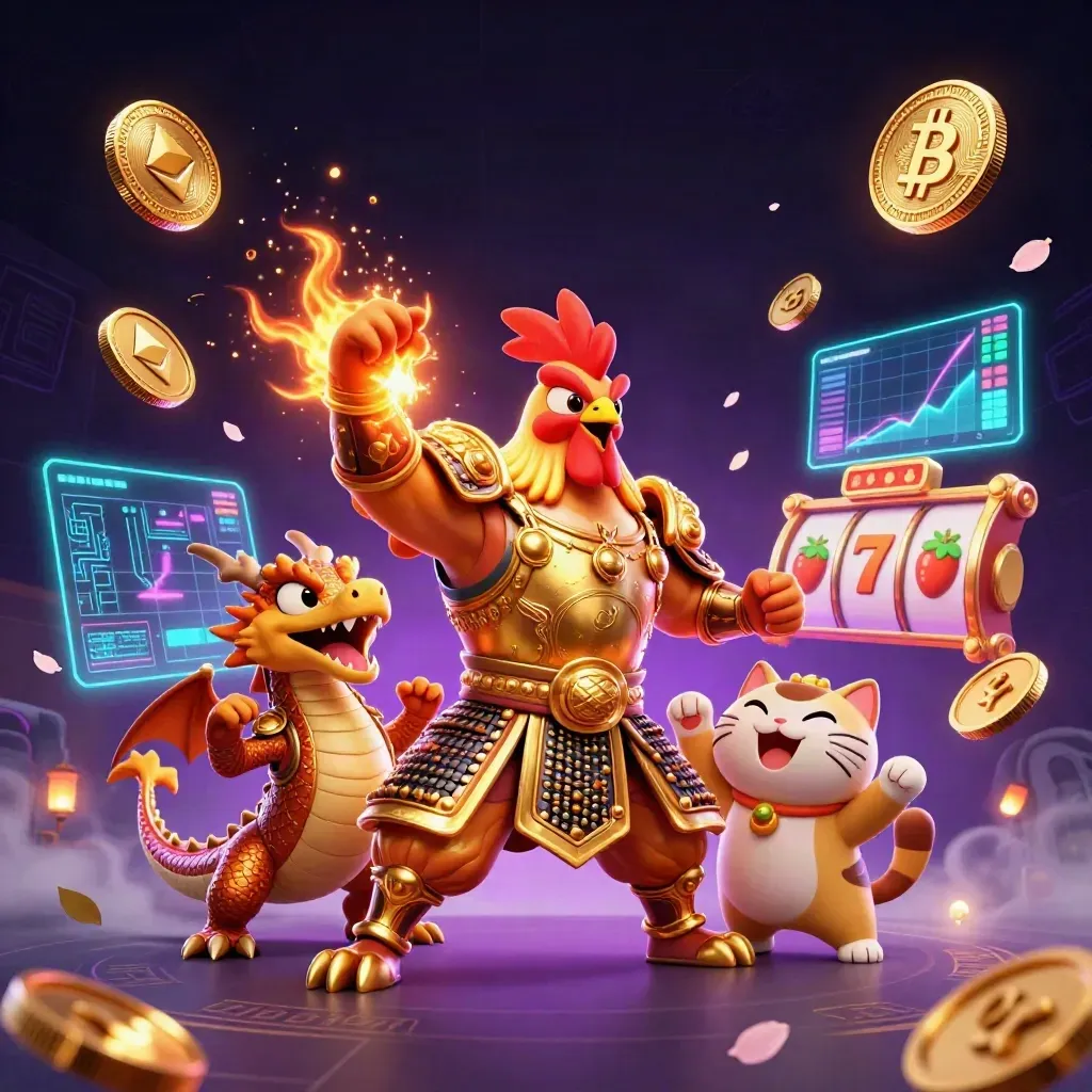 Ayam samurai futuristik, naga kecil, dan kucing hoki di tengah ledakan koin neon.