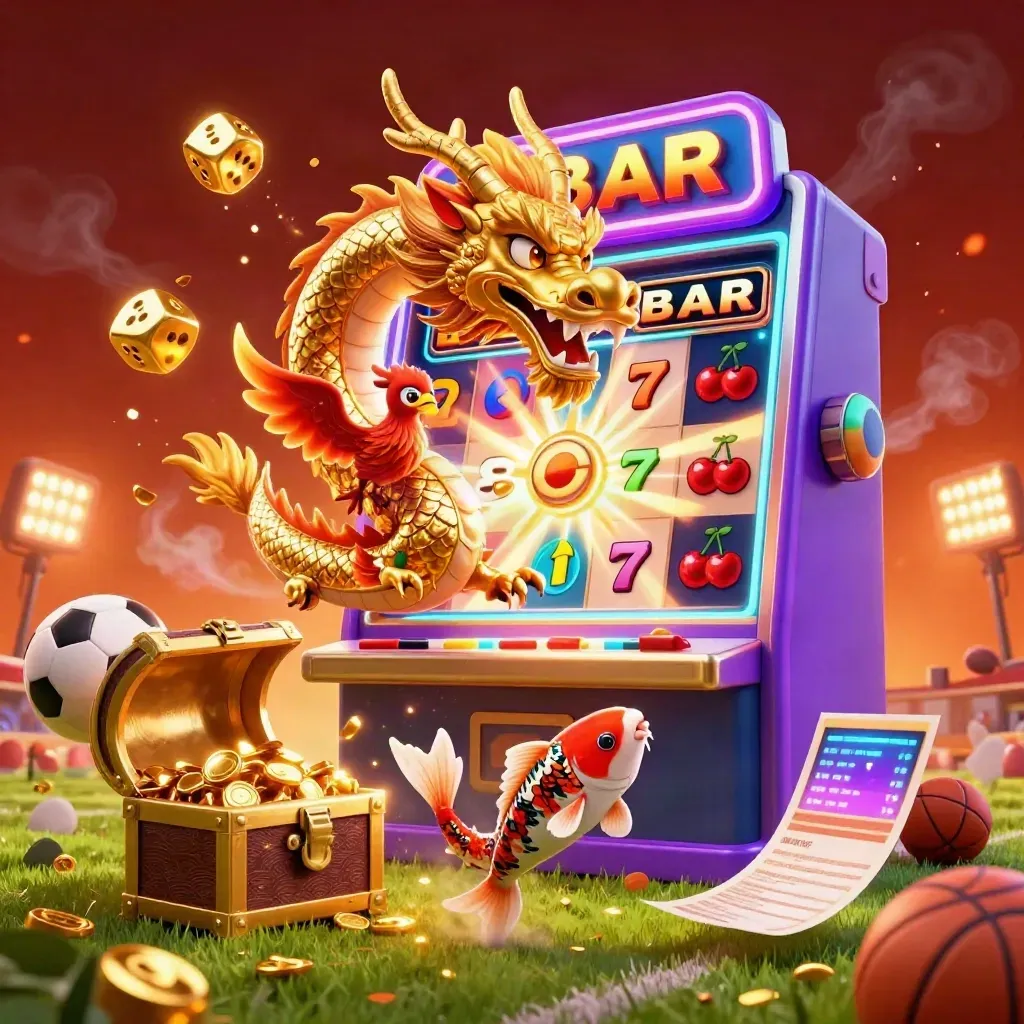 Naga emas, phoenix merah, koi, bola dan simbol slot meledak di cahaya neon