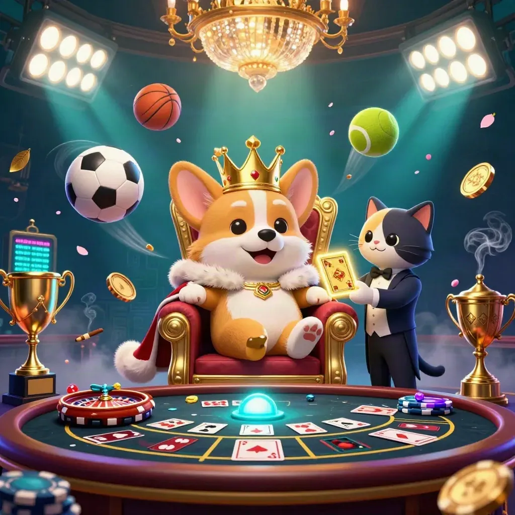 Korgi kerajaan dan kucing pelayan di kasino futuristik, dikelilingi bola olahraga dan cahaya neon.