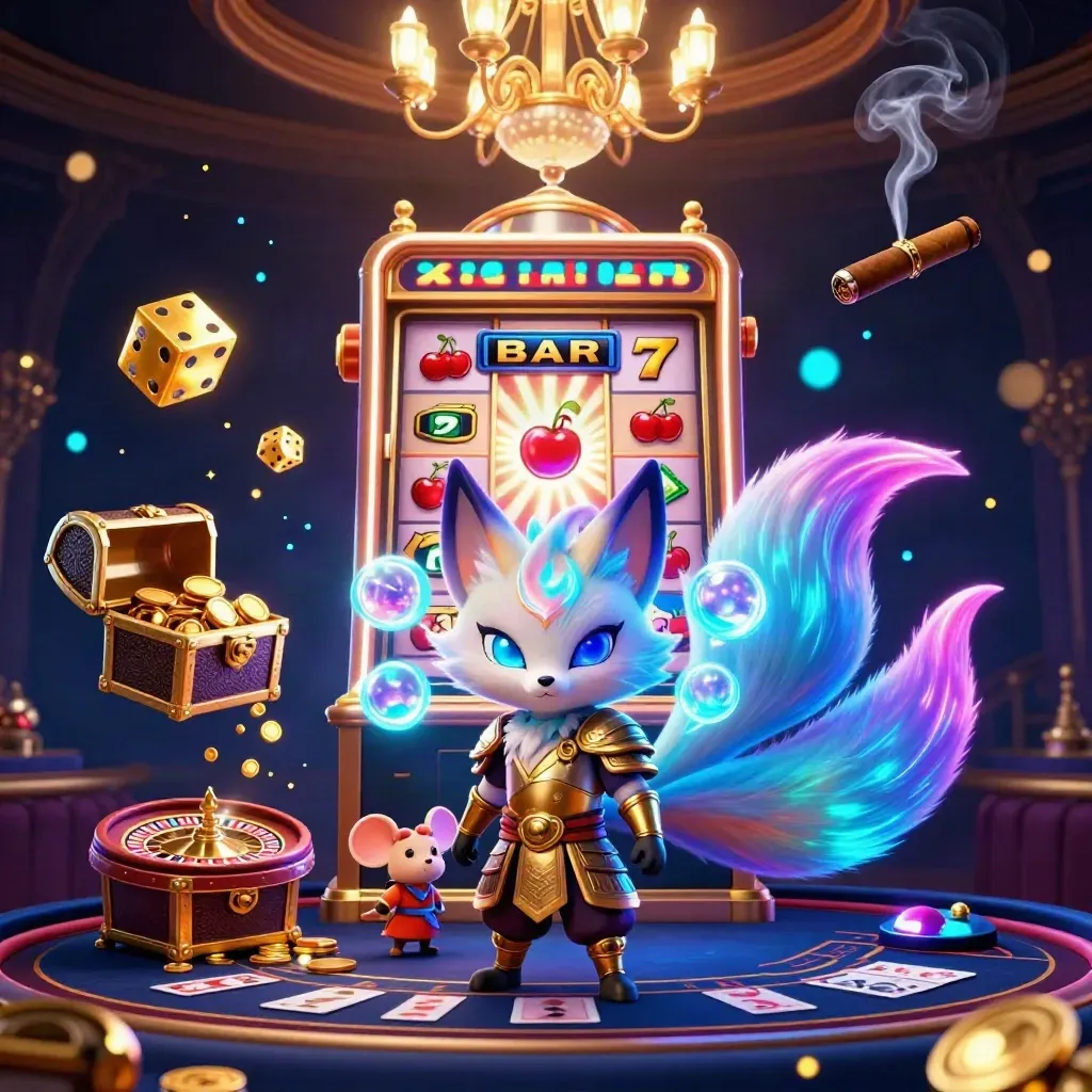 Rubah spirit sembilan ekor dan tikus samurai emas di ruang kasino neon dengan slot, dadu, dan permata.