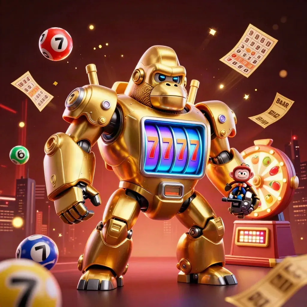 Gorila mech emas dengan pilot monyet, efek jackpot dan bola lotre neon.
