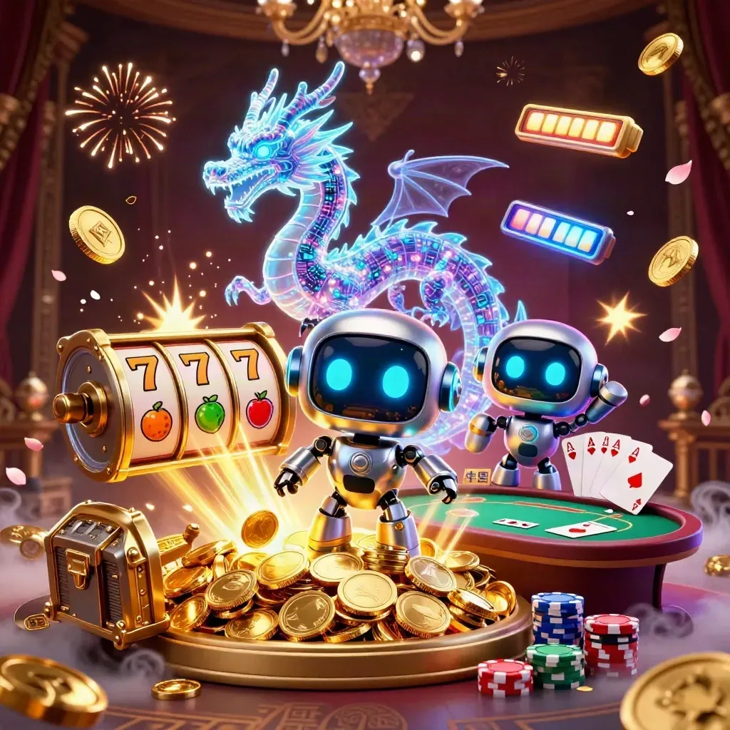 Robot cyberpunk, naga hologram, dan drone koin di ledakan jackpot dengan meja poker dan slot neon.