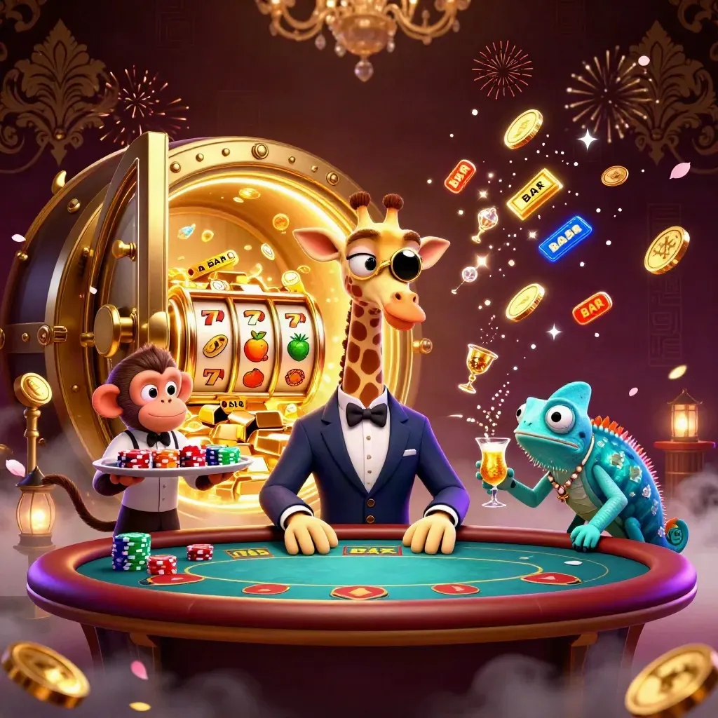 Jerapah, monyet, dan bunglon kasino di tengah brankas emas meledak dengan koin dan cahaya neon.