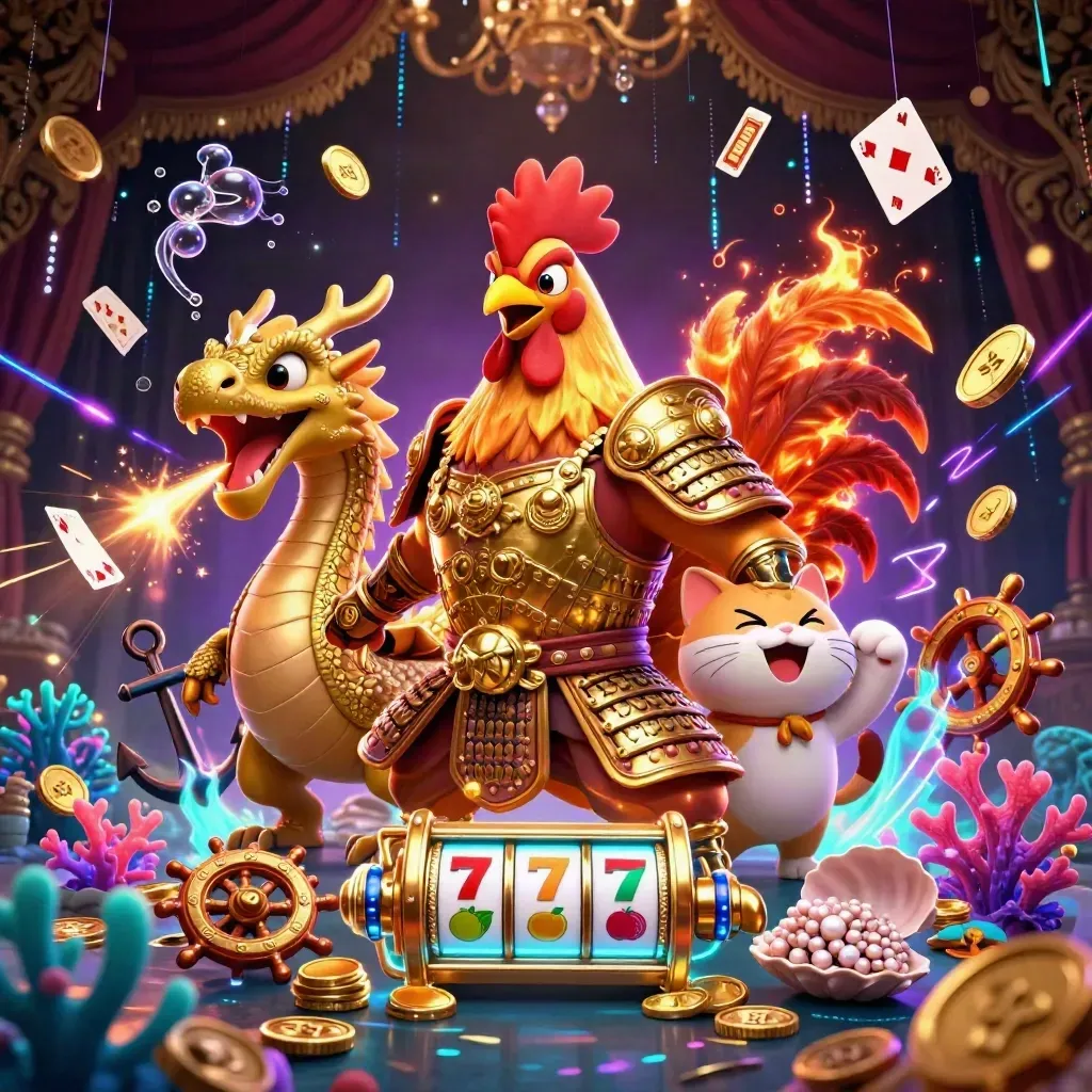 Ayam samurai, naga bayi, dan kucing hoki di lautan harta neon dengan koin, kartu, dan kilat.